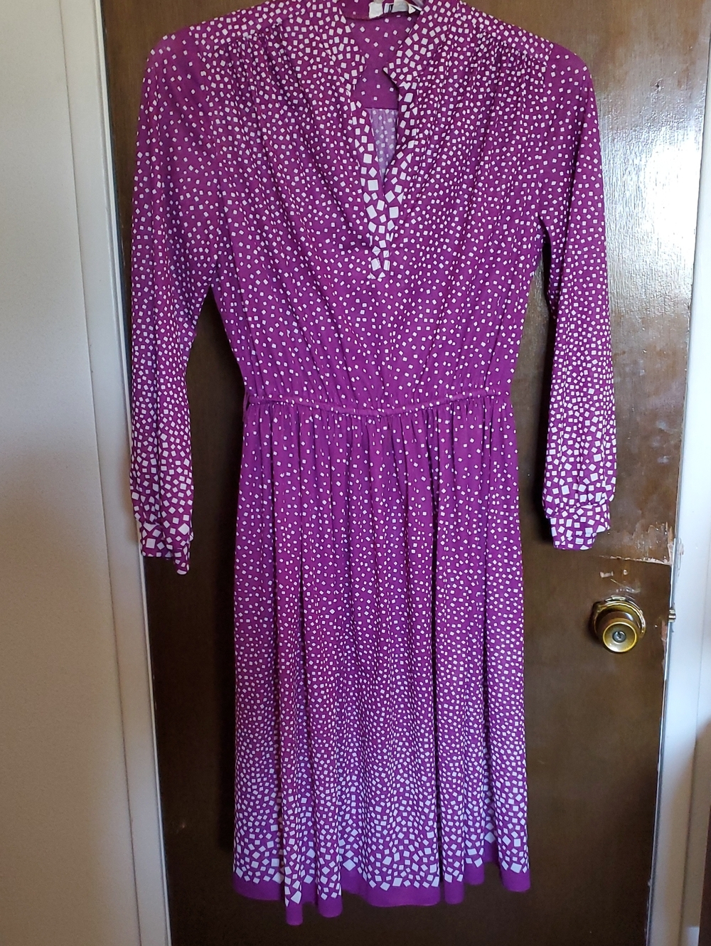Purple with White Squares Long-Sleeve Dress, elastic waist. Vintage Fabric belt.